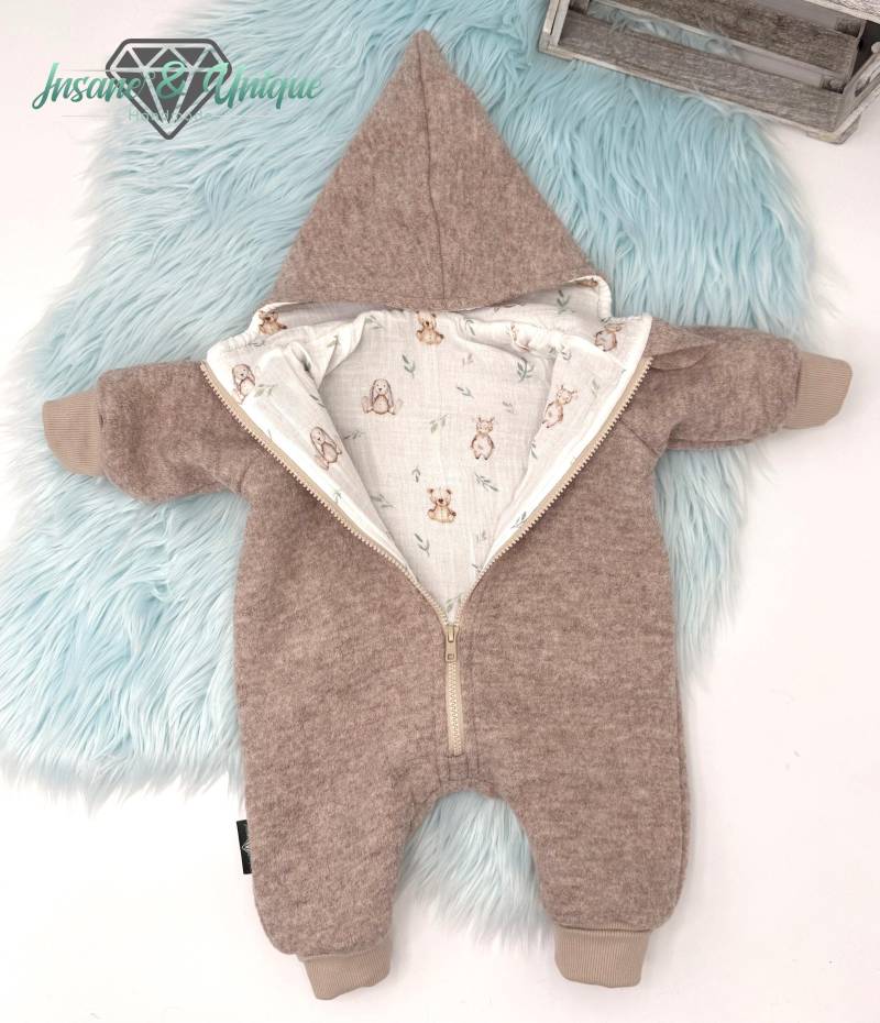 Walkjacke & Walkoverall Baby Kinder - Wollwalk | Schurwolle Mit Musselin-Futter Beige/Hase von InsaneandUnique