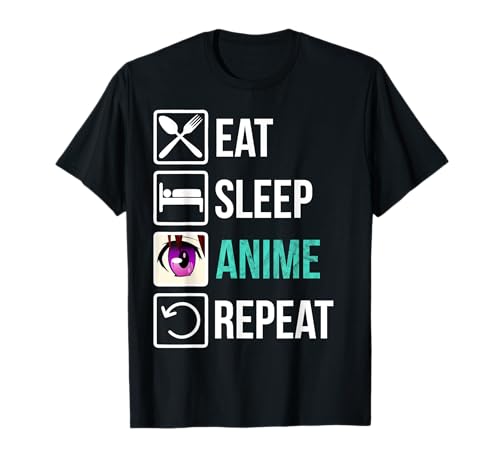 Inscape Data Anime T-Shirt Damen Schwarz S Klassisch Eat Sleep Anime Repeat Manga Outfit Geschenk T-Shirt von Inscape Data