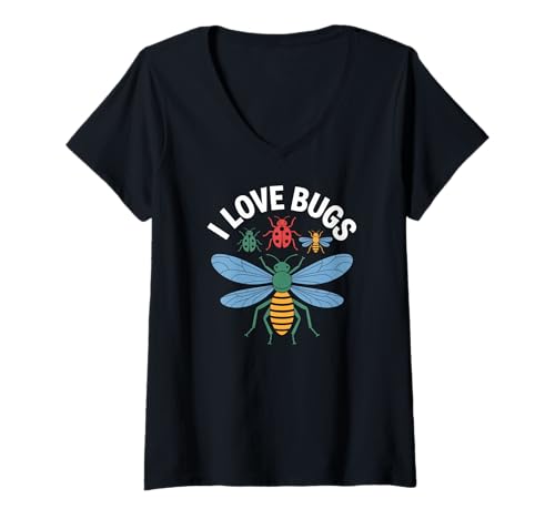 Damen I Love Bugs Bunte Insekten-Illustration T-Shirt mit V-Ausschnitt Damen I Love Bugs Bunte Insekten-Illustration T-Shirt mit V-Ausschnitt von Insect Enthusiast Collection Nature
