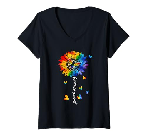 Damen Proud Mommy Colorful Bee Sunflower Rainbow Flag Proud LGBT T-Shirt mit V-Ausschnitt Damen Proud Mommy Colorful Bee Sunflower Rainbow Flag Proud LGBT T-Shirt mit V-Ausschnitt von Insect LGBT Costume