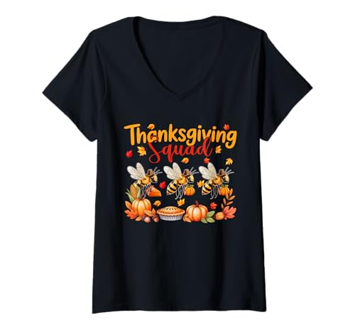 Damen Thanksgiving Squad Kostüm Pilgrim mit DREI süßen Bienen T-Shirt mit V-Ausschnitt von Insect Thanksgiving Costume