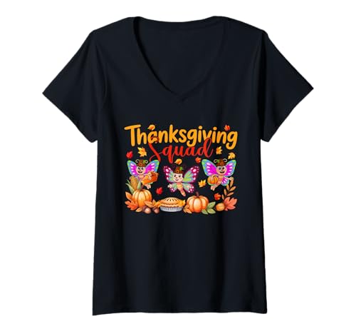 Damen Thanksgiving Squad Kostüm Pilgrim mit DREI süßen Schmetterlingen T-Shirt mit V-Ausschnitt Damen Thanksgiving Squad Kostüm Pilgrim mit DREI süßen Schmetterlingen T-Shirt mit V-Ausschnitt von Insect Thanksgiving Costume