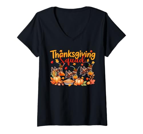 Damen Thanksgiving Squad Pilgrim Kostüm mit DREI niedlichen Grillen T-Shirt mit V-Ausschnitt von Insect Thanksgiving Costume