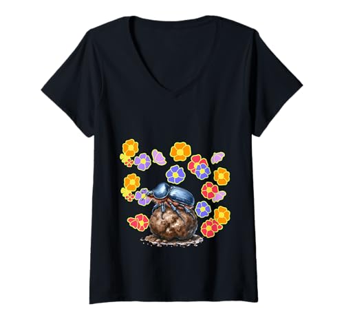 Damen Insekt Retro Insekten Mistkäfer Blumen Blume 60er Vintage T-Shirt mit V-Ausschnitt Damen Insekt Retro Insekten Mistkäfer Blumen Blume 60er Vintage T-Shirt mit V-Ausschnitt von Insekten Natur Insekt