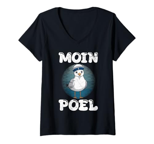 Damen Ostsee Moin POEL Souvenier Möwe Lustiges Insel Poel T-Shirt mit V-Ausschnitt von Insel Poel Geschenk Ostsee Shirt Poel Souvenier