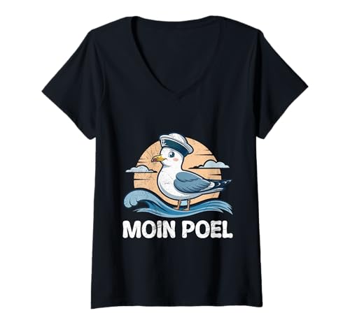 Damen Ostsee Moin POEL Souvenier Möwe Lustiges Insel Poel T-Shirt mit V-Ausschnitt von Insel Poel Geschenk Ostsee Shirt Poel Souvenier