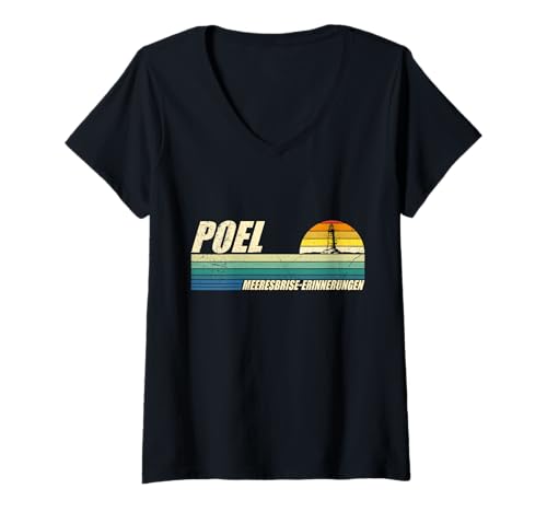 Damen POEL MEERESBRISE Erinnerungen Retro Lustig Ostsee T-Shirt mit V-Ausschnitt von Insel Poel Geschenk Ostsee Shirt Poel Souvenier