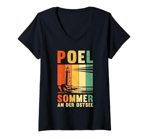 Damen POEL Sommer AN DER OSTSEE Retro Lustiges Poel Souvenier T-Shirt mit V-Ausschnitt von Insel Poel Geschenk Ostsee Shirt Poel Souvenier