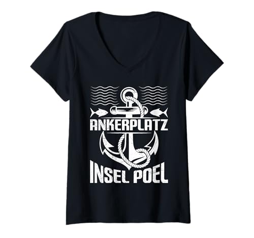 Damen Poel Souvenier ANKERPLATZ Insel POEL Lustiges Ostsee T-Shirt mit V-Ausschnitt von Insel Poel Geschenk Ostsee Shirt Poel Souvenier