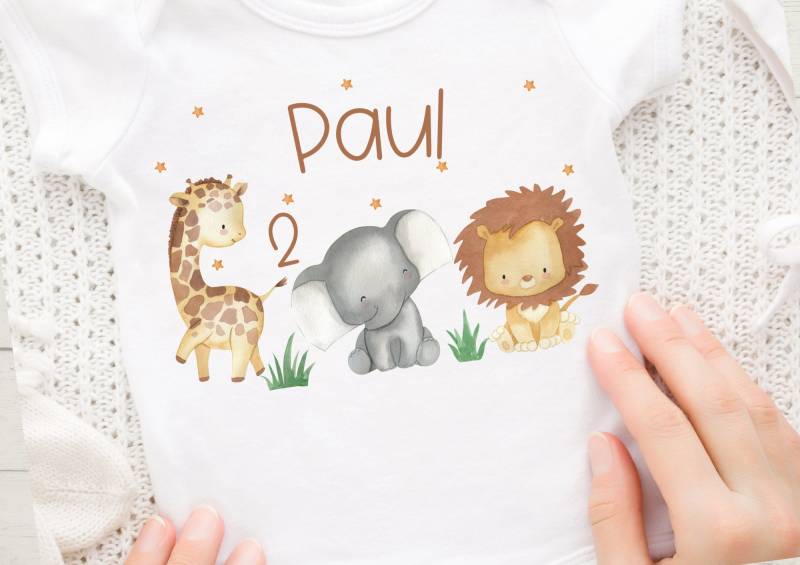 Bügelbild Für Bunte Stoffe Mit Wunschname Und Alter Personalisiert Fuchs Geburtstagsshirt Dschungeltiere Löwe Giraffe von InselKids