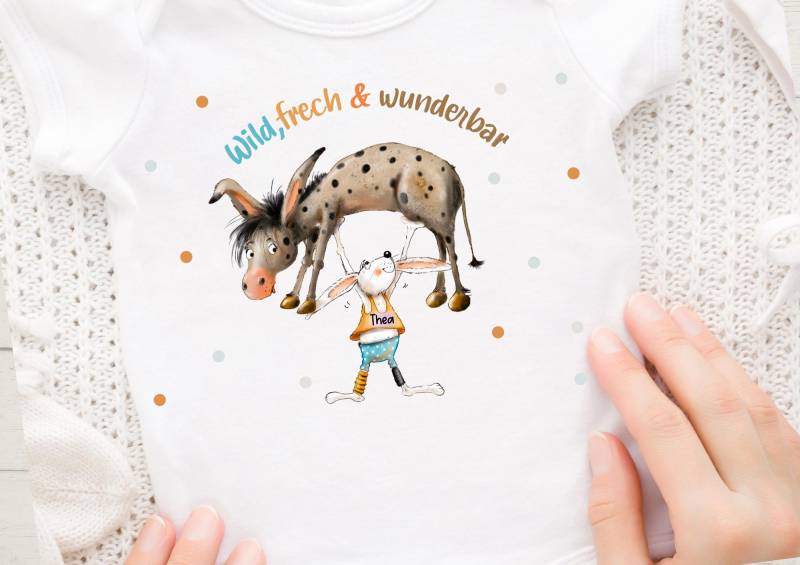 Bügelbild Für Bunte Stoffe Mit Wunschname Und Weiße Personalisiert Frech Wild Wunderbar Pferd von InselKids