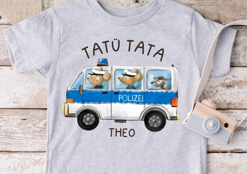 Bügelbild Für Bunte Stoffe Mit Wunschname Und Weiße Personalisiert Polizei Rettungsfahrzeug Tatü Tata von InselKids