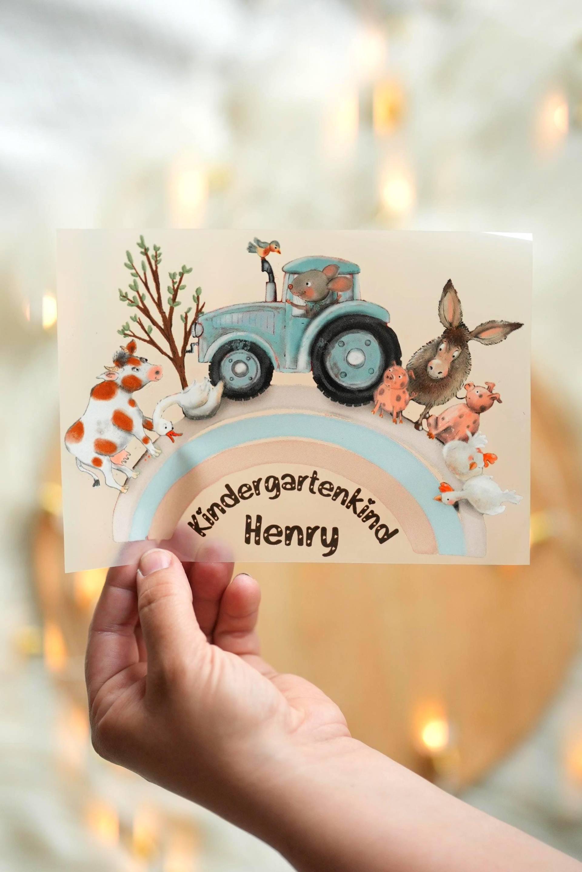 Bügelbild Kindergartenstart - Mit Name & Alter Traktor, Bauernhof, Regenbogen Personalisiert Für Jungen Und Mädchen A5 Oder A4 von InselKids