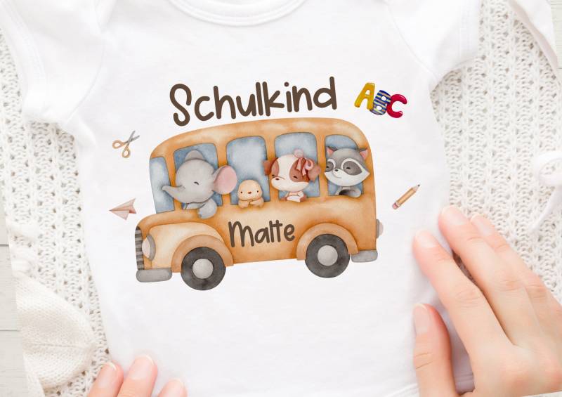 Bügelbild Mit Wunschname Schulkind 1.schultag Schulbeginn Einschulung Schulbus Abc von InselKids