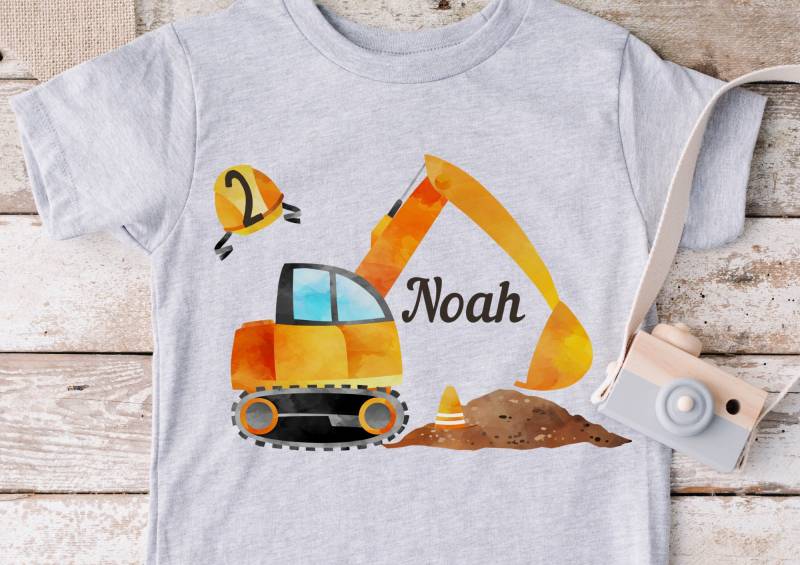 Bügelbild Mit Wunschname Und Alter Personalisiert Bagger Radlader Bauarbeiter Baustelle von InselKids
