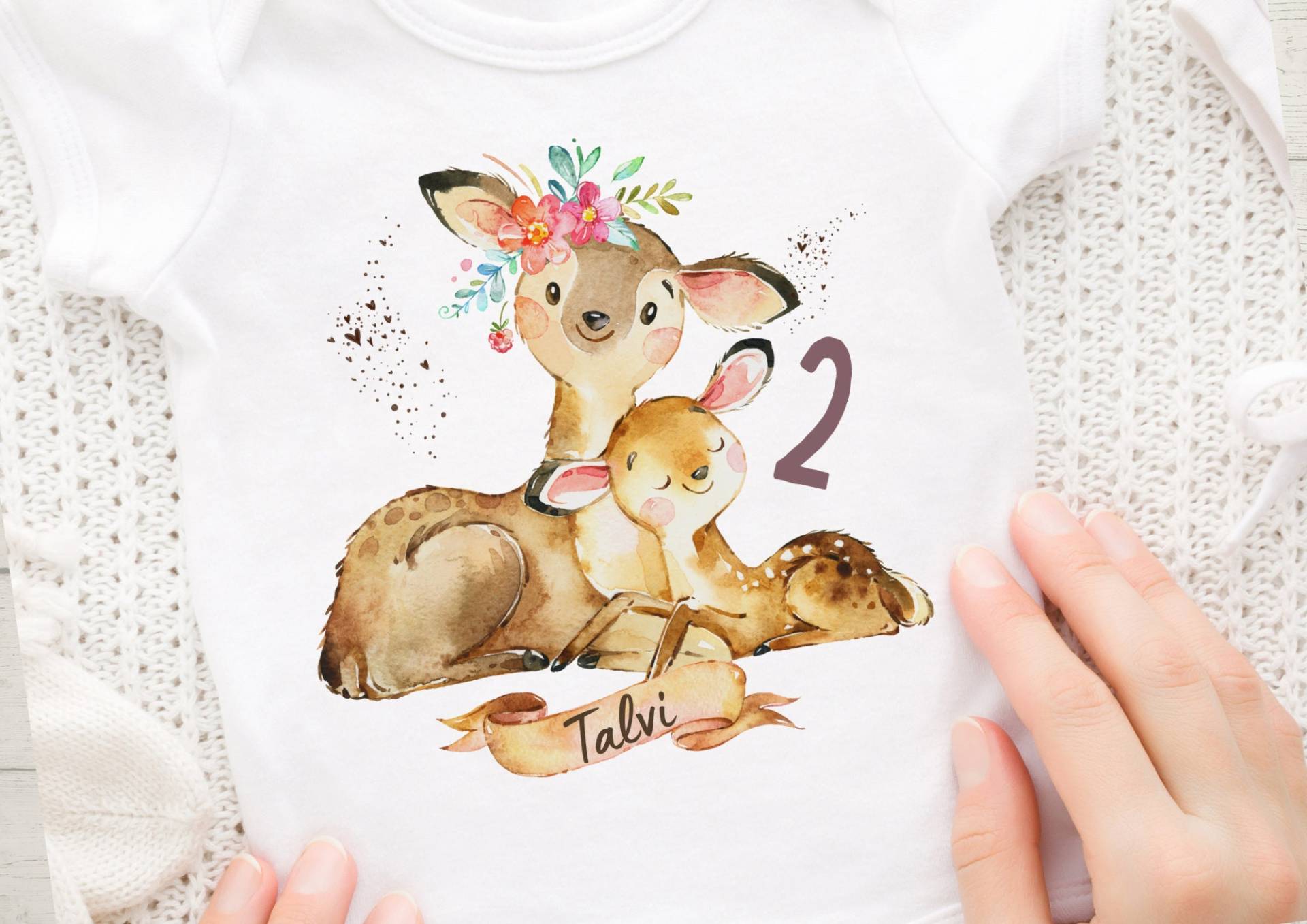 Bügelbild Mit Wunschname Und Alter Personalisiert Waldtiere Rehkitz Reh Mama Baby von InselKids