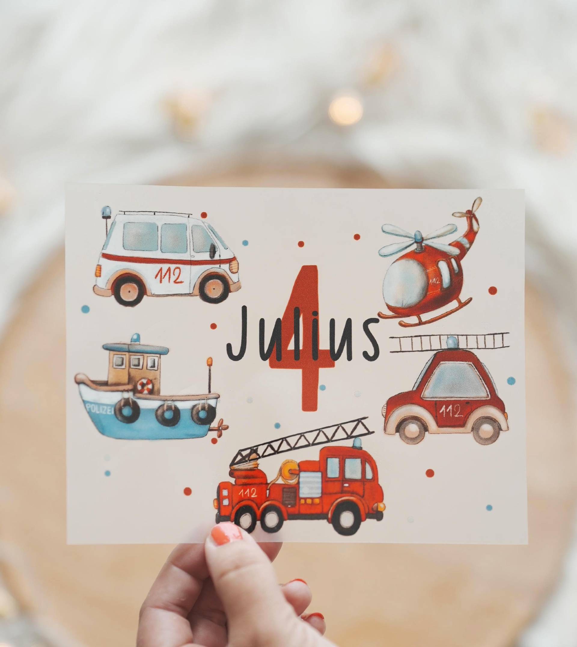 Bügelbild Rettungsfahrzeuge Personalisiert - Mit Name & Zahl Feuerwehr Polizei Hubschrauber Geburtstag Jungen Shirt Aufbügler von InselKids