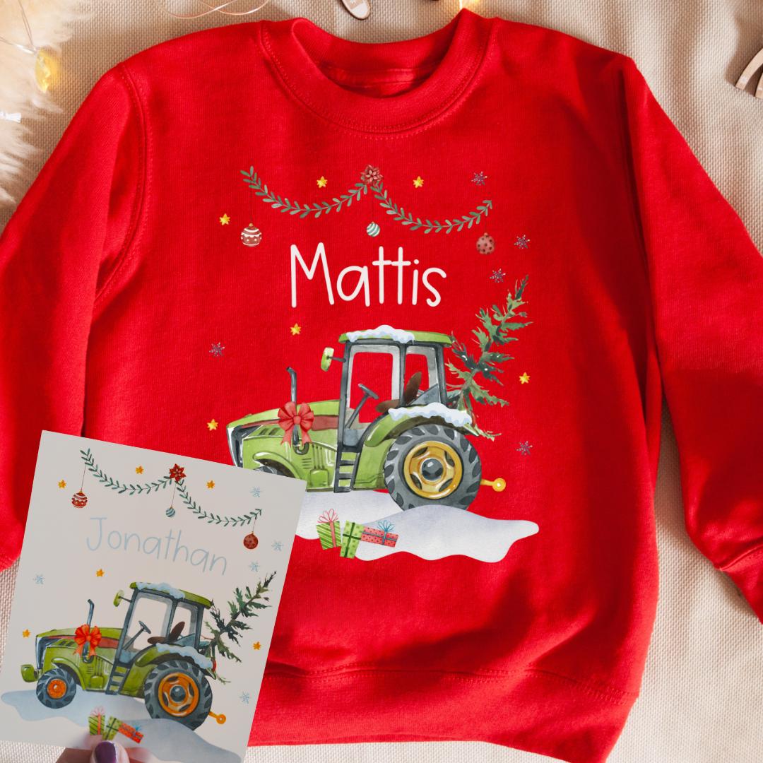Bügelbild Weihnachten Traktor Personalisiert - Grüner Mit Weihnachtsbaum & Geschenken Dtf Bügelmotiv Name von InselKids