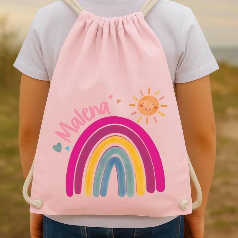 Bunter Turnbeutel Mit Namen - Regenbogen & Sonne Personalisiert Für Kita Und Wechselwäsche Neon-Optik Mädchen von InselKids