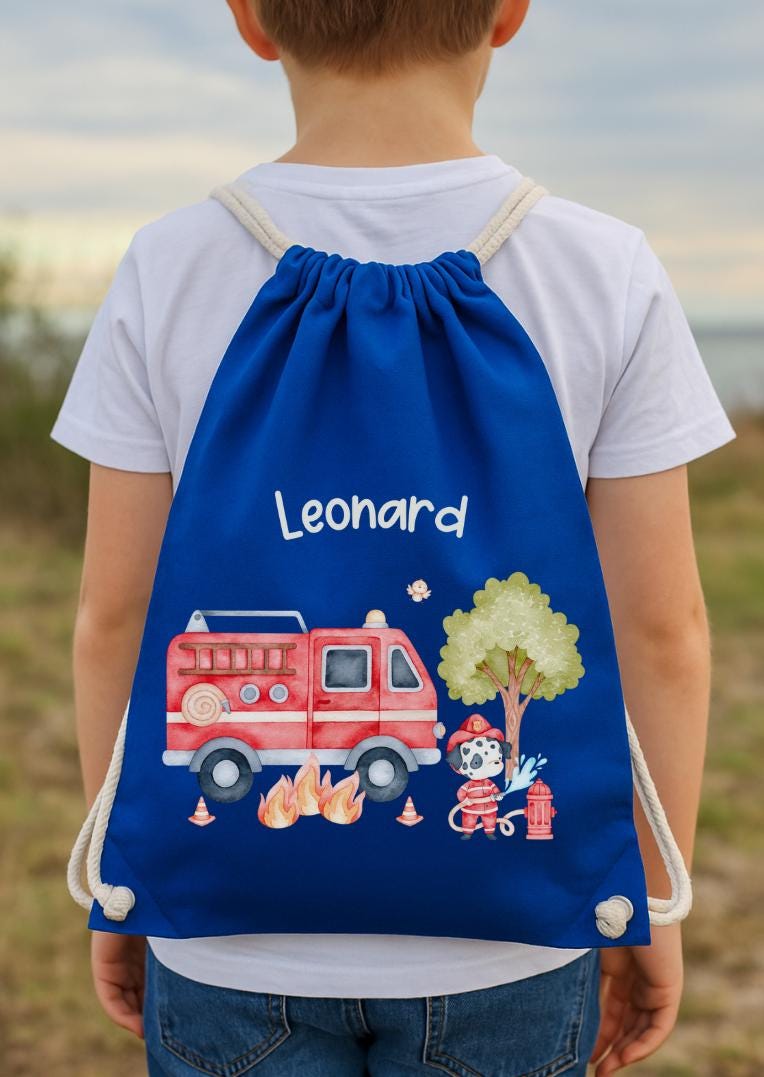 Feuerwehr Turnbeutel Mit Name - Personalisierter Sportbeutel Kinder Kita Tasche Hundemotiv von InselKids