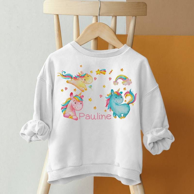 Pullover Sweatshirt Sweater Personalisiert Kinderpullover Babypullover Einhorn Regenbogen Glitzerstaub Sterne von InselKids