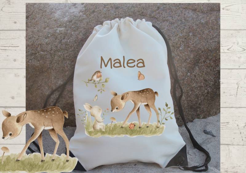 Sportbeutel Turnbeutel Mit Name Personalisiert Waldtiere Reh Hase von InselKids