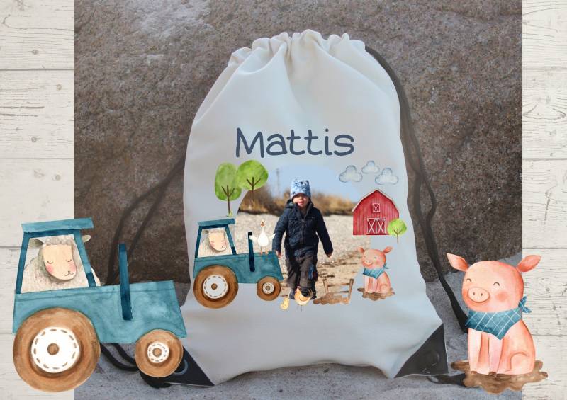 Sportbeutel Turnbeutel Mit Name Und Foto Personalisiert Bauernhof Bauernhoftiere Traktor Trecker von InselKids