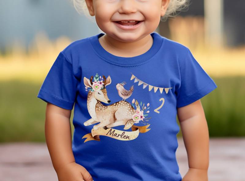 T-Shirt Reh Boho Geburtstag Mädchen - Personalisiert Mit Name Vogel Waldtiere Rosa Kinder Shirt von InselKids