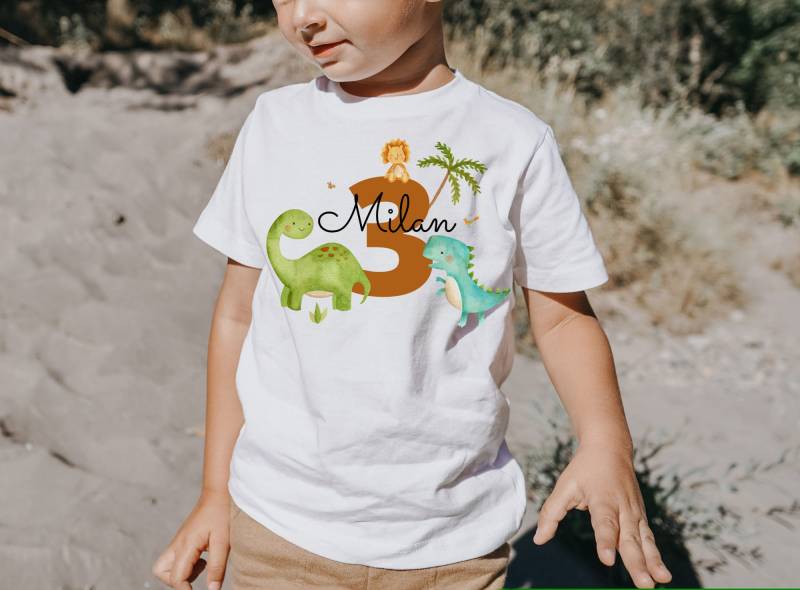 T-Shirt Geburtstagsshirt Personalisiert Geburtstagskind Junge Mädchen Dino Dinosaurier von InselKids