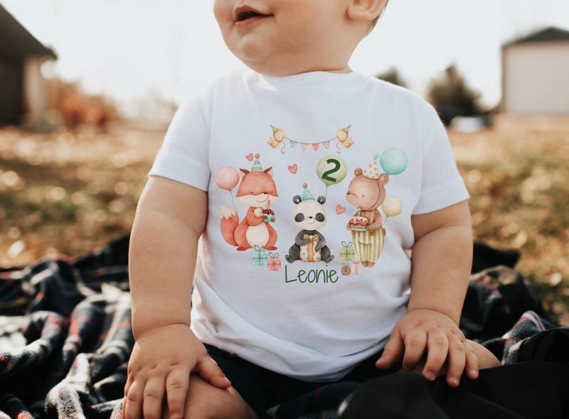 T-Shirt Geburtstagsshirt Personalisiert Geburtstagskind Junge Mädchen Dschungeltiere Fuchs Elefant Panda Party Torte von InselKids
