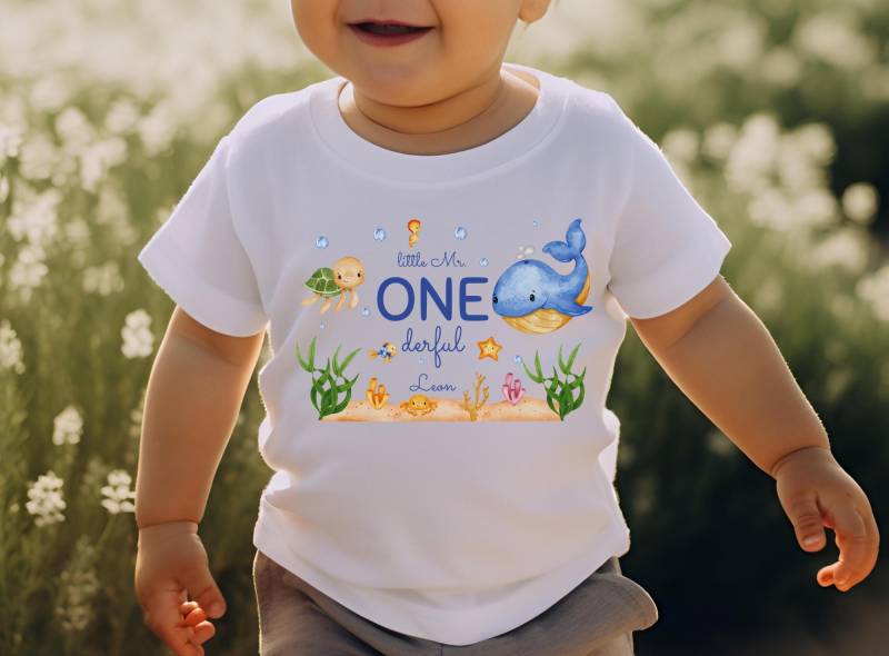 T-Shirt Geburtstagsshirt Personalisiert Geburtstagskind Junge Mädchen One Erster Geburtstag Onederful Wal Unterwasser Fisch Mr von InselKids