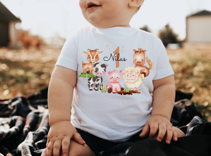 T-Shirt Geburtstagsshirt Personalisiert Geburtstagskind Junge Mädchen Traktor Bauernhof Bauernhoftiere von InselKids