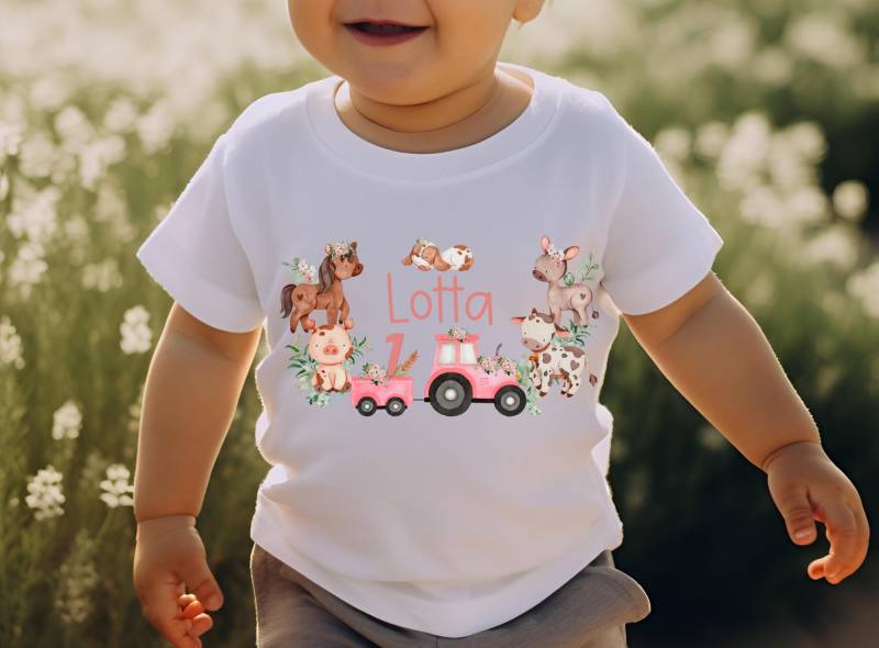 T-Shirt Geburtstagsshirt Personalisiert Geburtstagskind Junge Mädchen Traktor Trecker Bauernhof Bauernhoftiere Rosa von InselKids