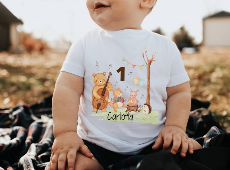 T-Shirt Geburtstagsshirt Personalisiert Geburtstagskind Junge Mädchen Waldtiere Bär Reh Fuchs Musiker Musik Instrumente von InselKids