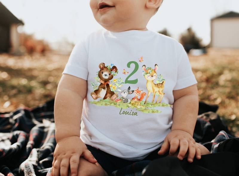 T-Shirt Geburtstagsshirt Personalisiert Geburtstagskind Junge Mädchen Waldtiere Bär Reh Fuchs von InselKids