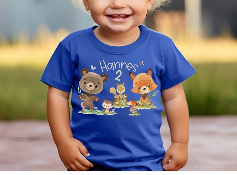 T-Shirt Geburtstagsshirt Personalisiert Geburtstagskind Junge Mädchen Waldtiere Fuchs Bär Reh Hase Wild One Waldtiergeburtstag von InselKids