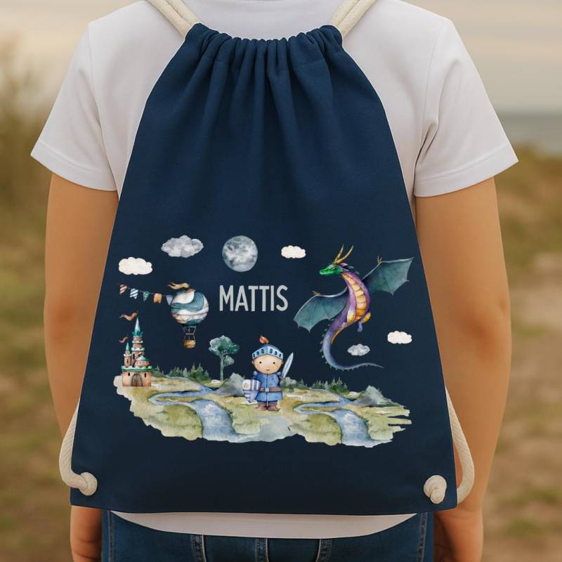 Turnbeutel Drache Mit Name - Personalisierter Kindergartenbeutel Junge Kita Wechselwäsche Ritter Burg von InselKids