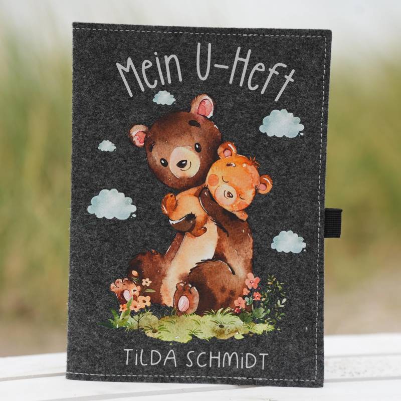 U-Heft Hülle Mit Name - Mama & Baby Bär Personalisiert Filz Mädchen Design Geschenk Zur Geburt Oder Taufe Tasche von InselKids