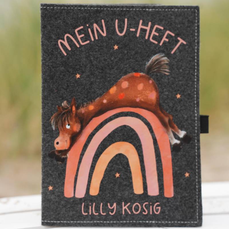 U-Heft Hülle Mit Name - Personalisiert Filz Mädchen Design Pferd & Regenbogen Geschenk Zur Geburt Oder Taufe von InselKids