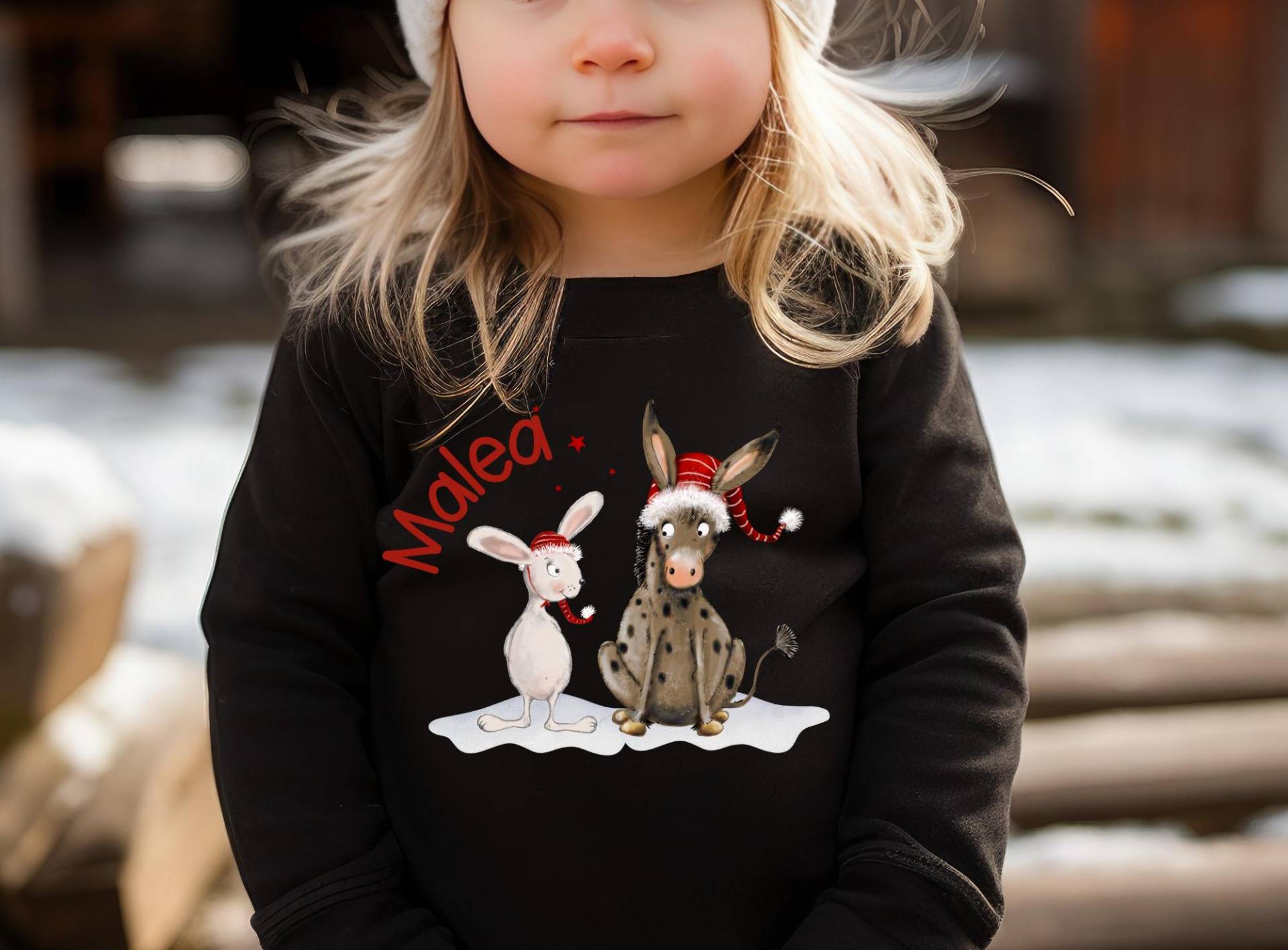 Weihnachtsshirt Kinder - Esel & Hase Mit Weihnachtsmützen Personalisiert Name Langarmshirt Weihnachten Junge Und Mädchen von InselKids