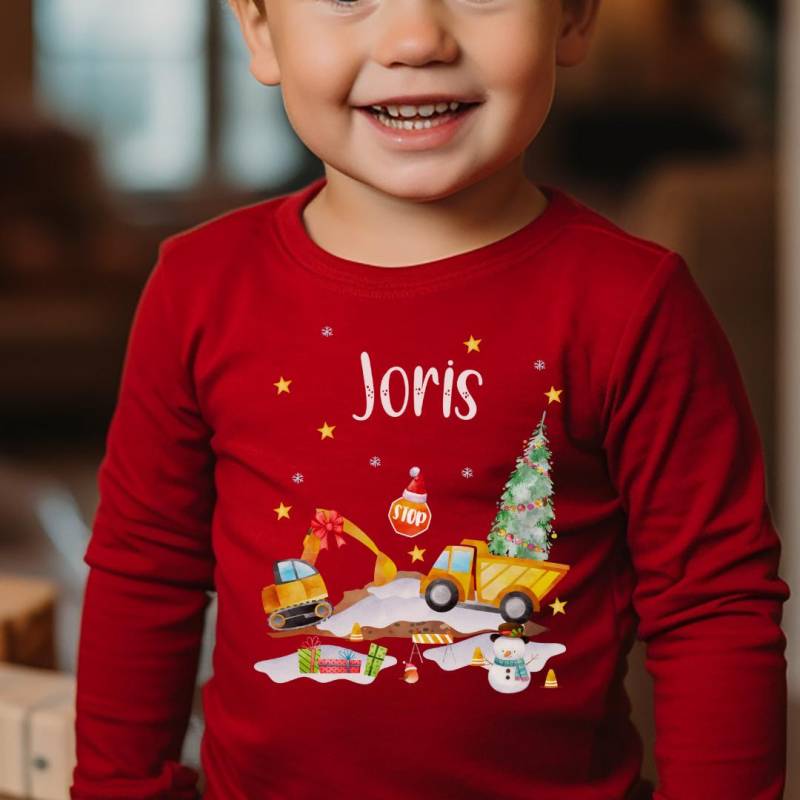 Weihnachtsshirt Kinder Personalisiert - Baustellen Shirt Mit Bagger & Radlader Langarmshirt Weihnachten Junge Und Mädchen von InselKids