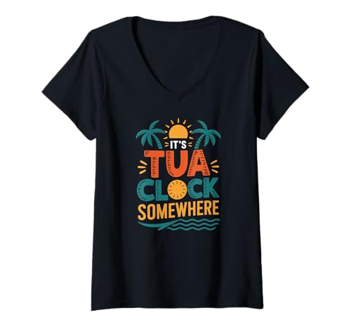 Damen Lustiger Tropen Uhr Irgendwo Sommer Humor Look T-Shirt mit V-Ausschnitt Damen Lustiger Tropen Uhr Irgendwo Sommer Humor Look T-Shirt mit V-Ausschnitt von Inselzeit Entspannt Tropen Stil Humor
