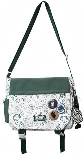 Inshere Aesthetic Crossbody Bag with Cute Pins and Ornament, Nylon Y2K Messenger Bag With Graffiti Pattern for Women Men Green von Inshere