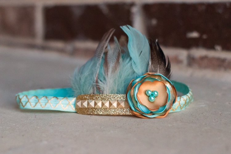 Aqua Und Gold Feder Stirnband, Indie Kopfschmuck, Krone Aqua Und Gold Feder Stirnband, Indie Kopfschmuck, Krone von InsideQuinnsCloset