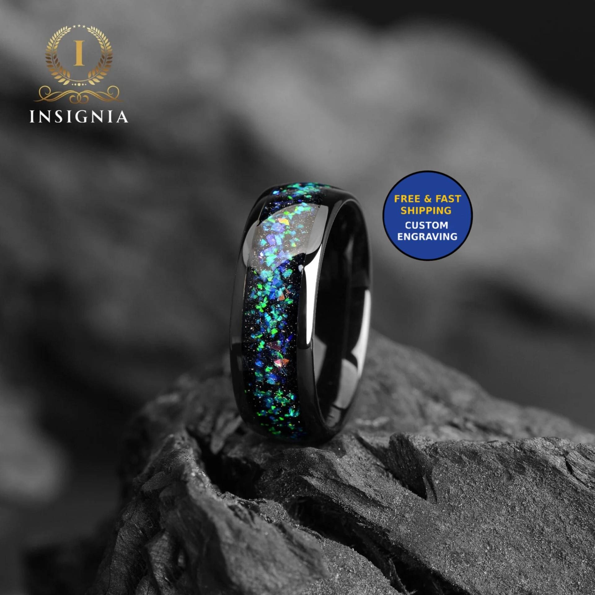 Meteorit Galaxy & Opal Ring Schwarz - 8mm Alexandrit Space Dome Herren Versprechensring Für Ihn Männer Solid Ehering von InsigniaJewellers