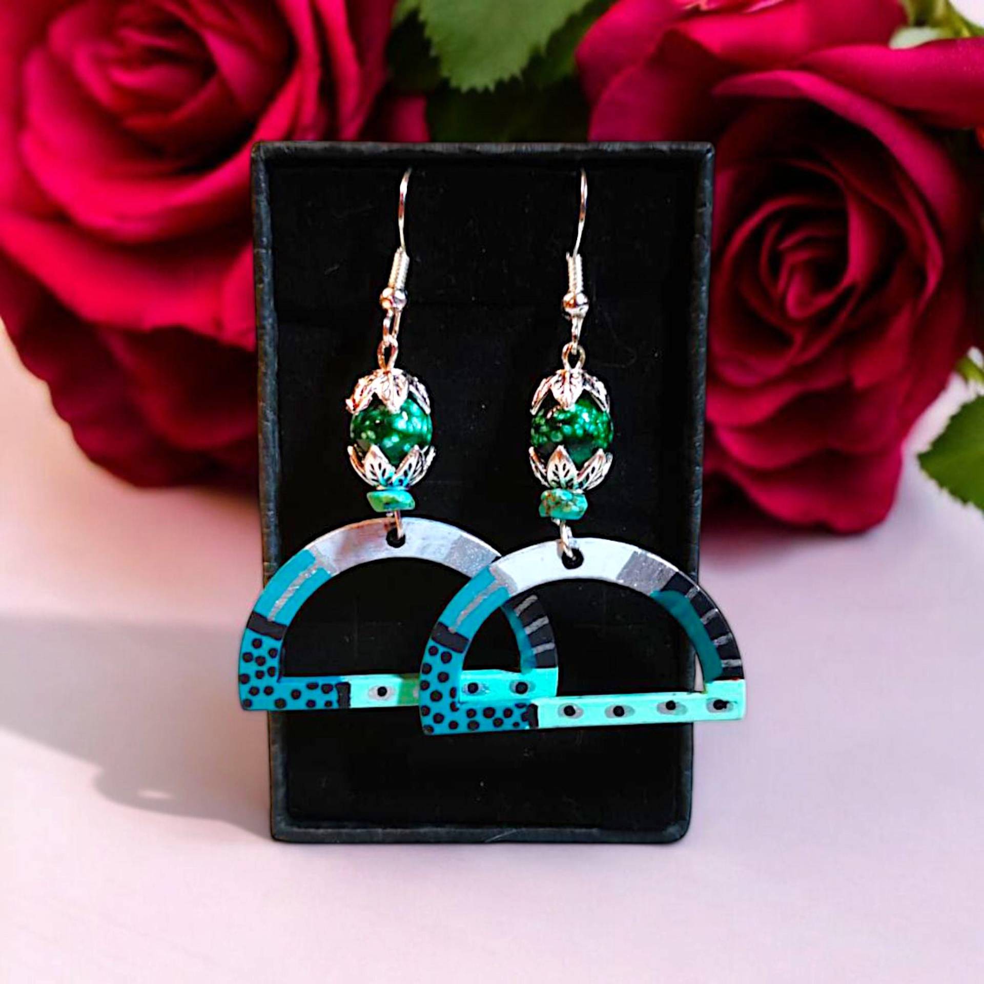 Ohrringe Handbemalt Aus Holz Unikat Kunstvoll Gustav Klimt Türkis Silber Nachhaltig Einzigartig Edelstein von InspiArtByLena