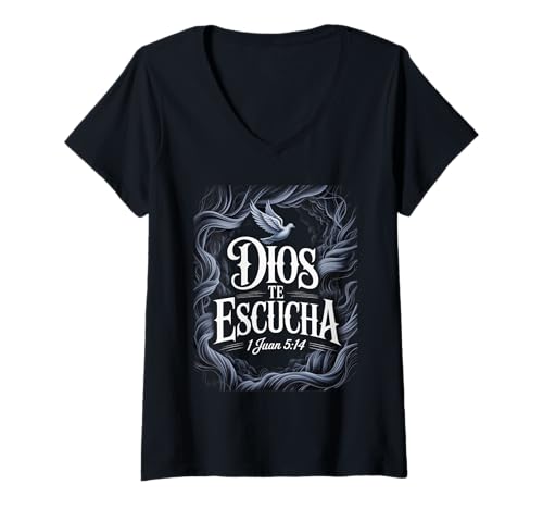 Damen Dios Te Escucha – 1 Juan 5:14 Spanischer Bibelvers Christian T-Shirt mit V-Ausschnitt von Inspiration Bible Quote Spanish