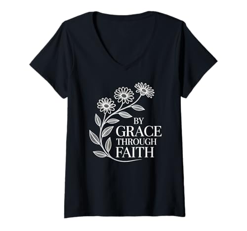 Damen by Grace Through Faith inspirierender Bibelvers mit Blumenmuster T-Shirt mit V-Ausschnitt von Inspirational Bible Scripture Quote