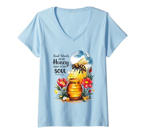 Damen Kind Words Are Like Honey Sweet to The Soul Christians T-Shirt mit V-Ausschnitt Damen Kind Words Are Like Honey Sweet to The Soul Christians T-Shirt mit V-Ausschnitt von Inspirational Bible Verse Christian Religion Gifts