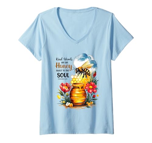 Damen Kind Words Are Like Honey Sweet to The Soul Christians T-Shirt mit V-Ausschnitt Damen Kind Words Are Like Honey Sweet to The Soul Christians T-Shirt mit V-Ausschnitt von Inspirational Bible Verse Christian Religion Gifts